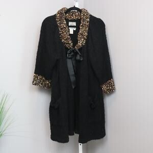 Curio by Copyright Black Textured Knit Cardigan with Bouclé Trim - Size 1X